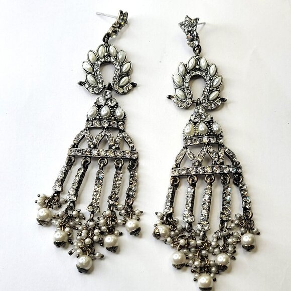 Crystal Chandelier Earrings with Pearls - Picture 2 of 8